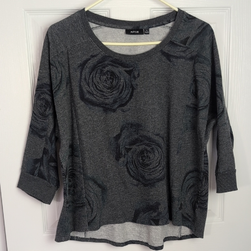 Apt. 9 Charcoal Rose Patterned, 3/4 Sleeves Sweater, XL
